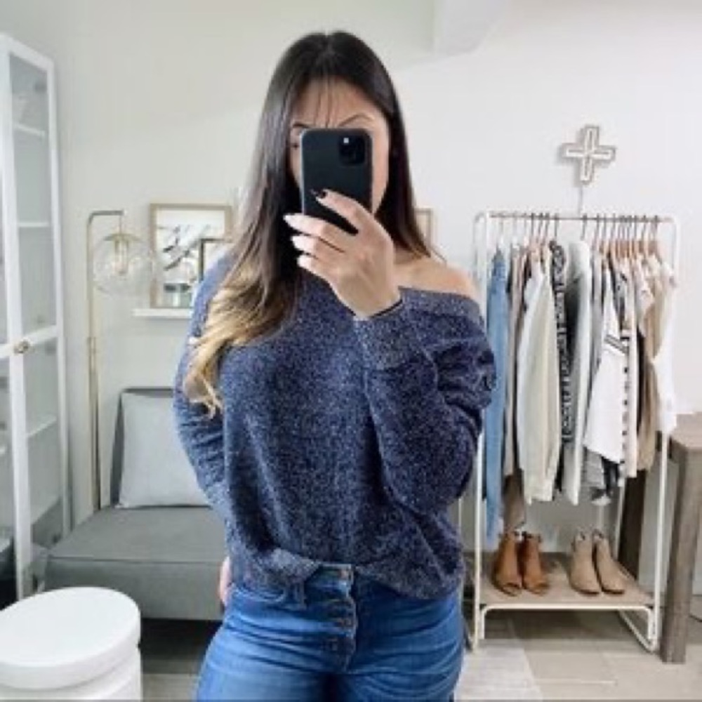 Joie Burrell Button Off The Shoulder Linen Cotton Navy Longsleeve Sweater Medium